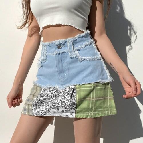 Fashion Summer 2021 New Denim Skirt Stitching Plaid Contrast Color Mini Skirt With Pocket Patchwork Jeans Short Skirt Women