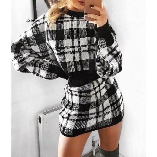 Womens Elegant Office Two Pieces Set Plaid Sweater Outfit Long Sleeve Crop Top And Skirt Set Sexy Fashion Dress Set