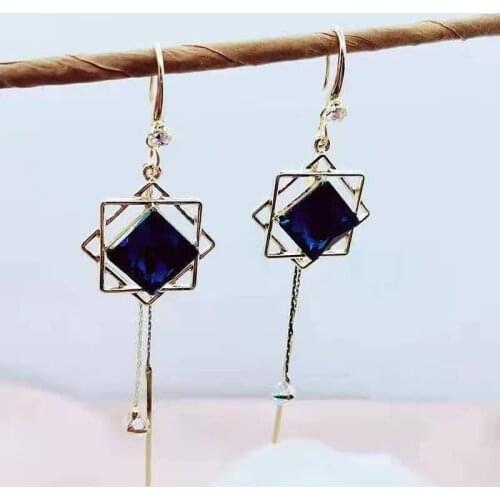 Womens Tassel Earrings Geometric Blue Gems Fashion Simple Ladies Jewelry Retro Exquisite Geometric Statement Drop Earrings