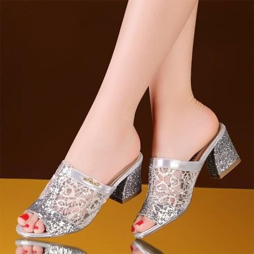 Plus Size 34-43 Women Shoes Open Toe High Heels Slippers Silver Wedding Shoes embroidery Pumps Woman Sandals Zapatos mujer 6322N