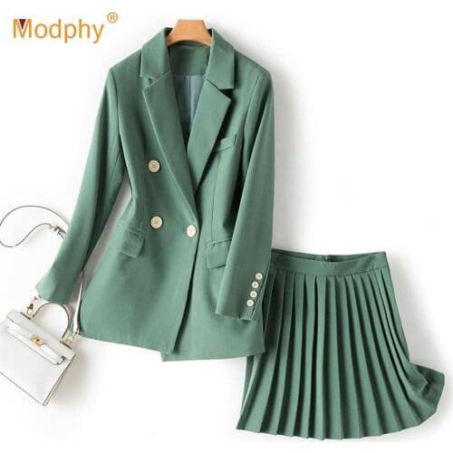 2020 Fashion New Women Set Notched Full Sleeve Blazers Coat&Pleated Mini Skirt 2 Two-Piece Female Casual Party Office Skirt Set