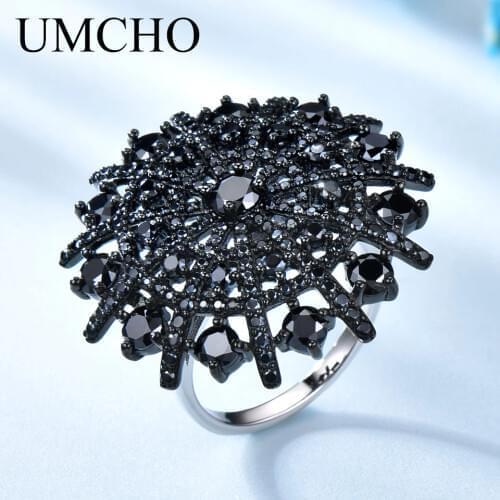 UMCHO Gemstone Natural Black Spinel Ring Female Solid 925 Sterling Silver Rings For Women Round Wedding Engagement Jewelry Gift