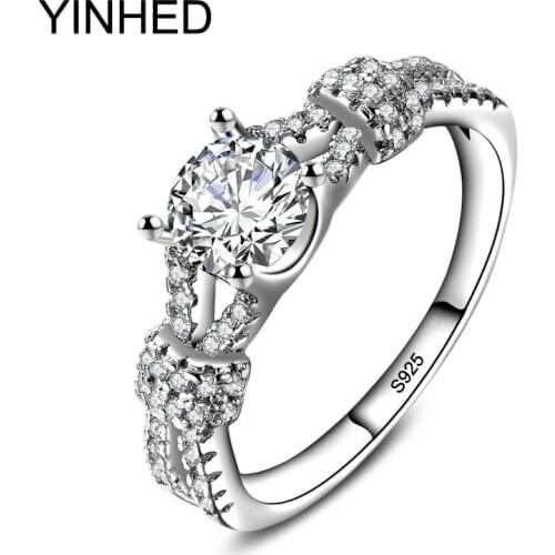 YINHED 100% Solid 925 Sterling Silver Engagement Ring 7mm CZ Diamant Wedding Rings for Women Jewelry 2017 New Trendy ZR306