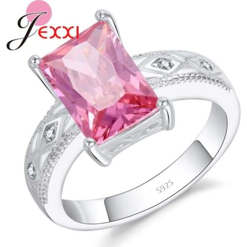 Luxury Pink Square Big Cubic Zirconia Wedding Ring For Women 925 Sterling Silver Valentines Day Gifts Wholesale Free Ship