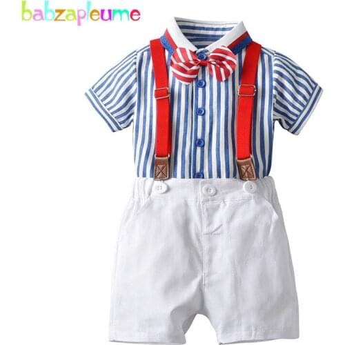 4pcs 1-4Years Kids Summer Outfits Toddler Boys Clothing Set Fashion Gentleman Stripe Shirt+Shorts+Straps+Tie Baby Clothes BC1846