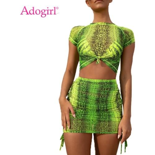 Adogirl Fluorescence Green Pink Snakeskin Print Two Piece Set Dress Short Sleeve T-shirt Crop Top + Bodycon Mini Skirt Sexy Suit