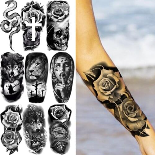 Large Rose Flower Temporary Tattoos Snake Wolf Lion Vampire Skull Compass Fake Tattoo Sticker For Women Adults Forearm Tatoos