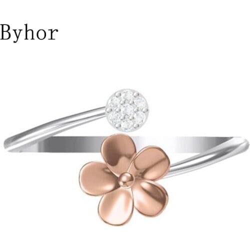 Byhor Solid 14K White+Rose Gold 0.031CT H/SI Natural Diamonds Fine Jewelry Trendy Wedding Band Flower Diamond кольцa ring Women