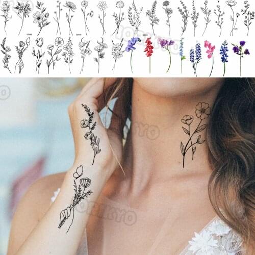Black Zinnia Flower Small Temporary Tattoos For Women Girls Realistic Moon Flora Fake Tattoo Sticker Arm Neck Tatoos Wedding