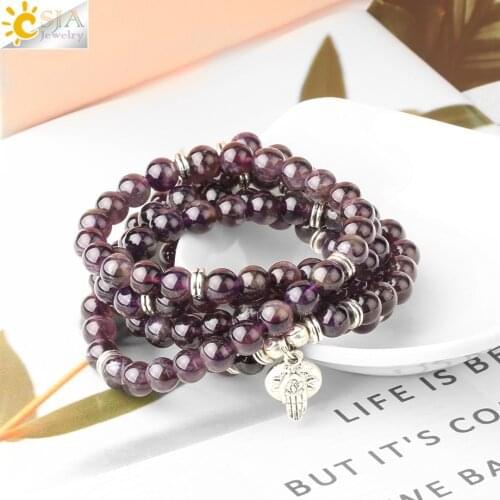 CSJA Natural Gem Stone 108 Beads Multilayer Wrap Bracelets Mala Meditation Tree of Life Charm for Women Men Healing Jewelry G763