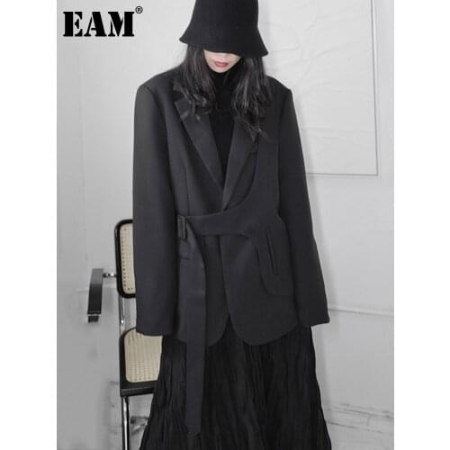 [EAM] Women Black Big Size Sashes Irregular Blazer New Lapel Long Sleeve Loose Fit Jacket Fashion Spring Autumn 2021 1DD7352