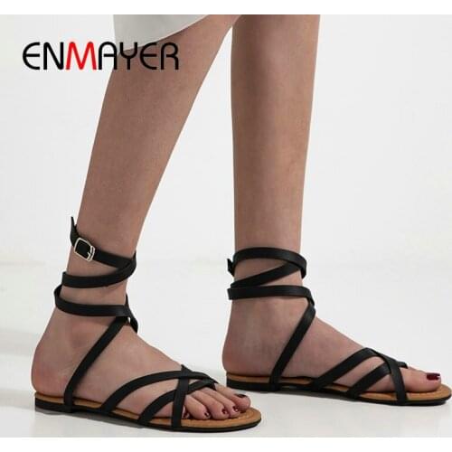 ENMAYER Casual Buckle Strap Gladiator Women Sandals PU Solid Fashion Ankle Strap Flat Sandals Luxury Shoes Women Designers 34-43