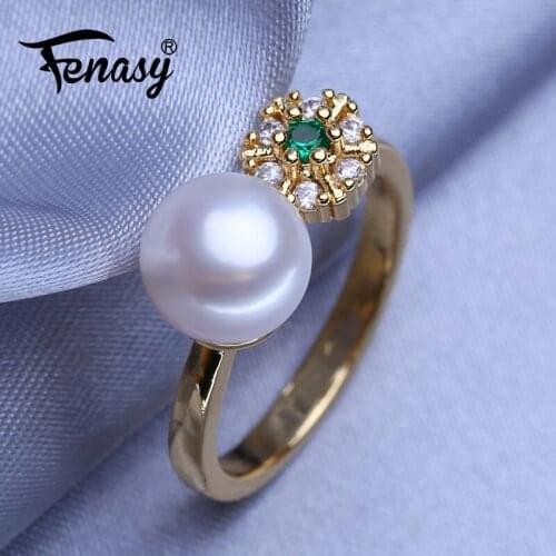 FENASY Natural Freshwater Pearl Rings For Women Bohemian Adjustable Gold Color Emerald Ring Female Party Wedding Jewelry