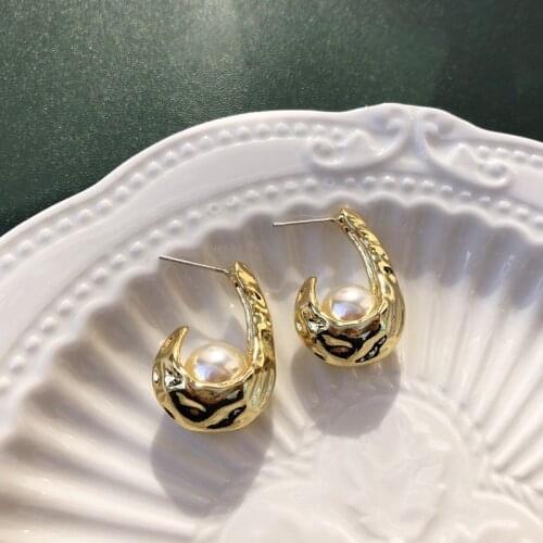 French Vintage 925 Silver Needle Earrings For Women Fashion Punk Metal Oval Hollow Pearl Stud Earrings Party Jewelry Accessories