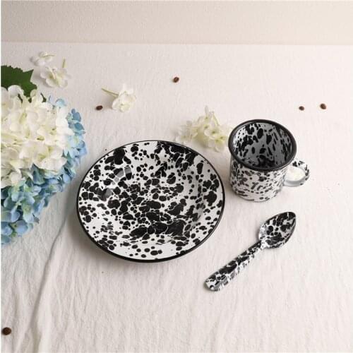 Art Black Marble pattern Breakfast Check Heart Salad Flat Picnic Plate dish bowl spoon