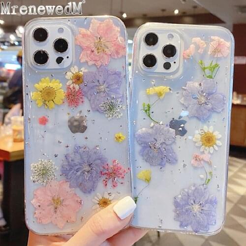 Fashion Real Dry Flower Clear Phone Case For iPhone 12 11 Pro XR XS Max Mini 7 8 Plus SE 2020 Glitter Transparent Silicone Cover