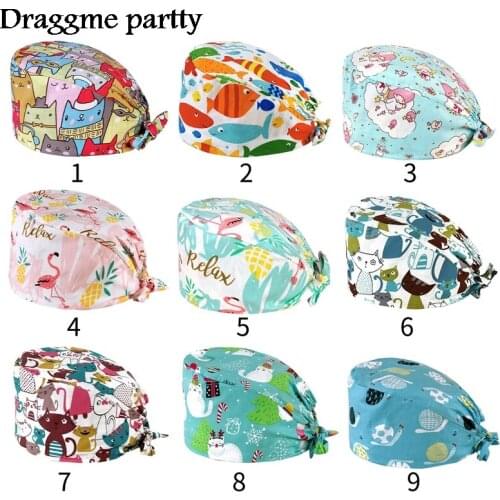 Unisex Surgical Cap Women Adjustable Cartoon Printed Baotou Cap Beauty Salon Frosted Cap Lab Working Hat Pet Shop Scrub Hat