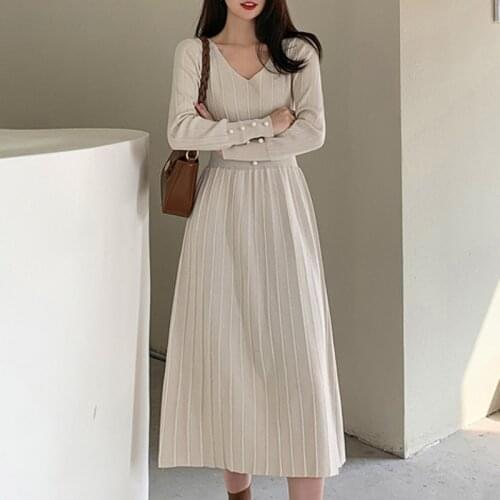 Bornladies Elegant V-neck Ladies Sweater Midi Vestidos Full Sleeve Button Slim Waist Female Knitted A-line Dress Autumn Vestidos