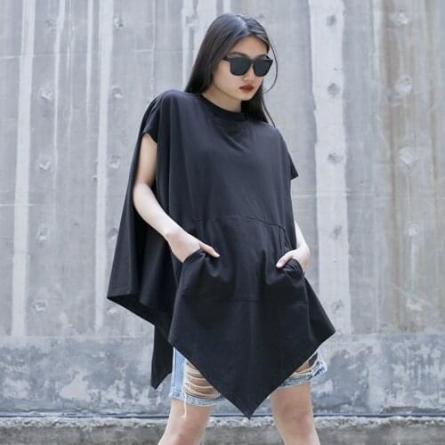 Yamamoto style dark black irregular loose bat sleeve t-shirt mens and womens short sleeve Japanese Cape large Cape t