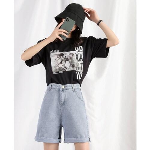 YIZZHOY Women 2021 New Summer Denim Bermuda Shorts Female High Waist Loose Straight Casual Light Blue Knee Length Jeans