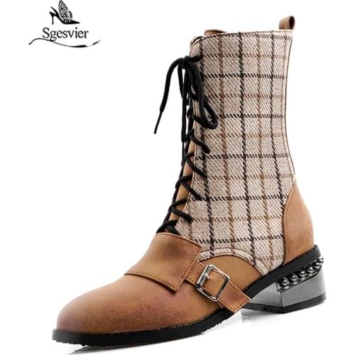 Sgesvier INS women Ankle boots Plus size 32-48 outdoor short boots autumn winter boots velvet Plaid stitching Martin boots G643