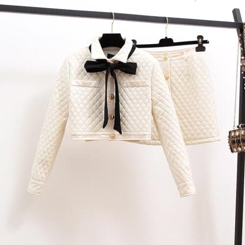 2020 New Autumn Winter Parkas Two Piece Set Women Crop Top Elegant Fashion Bow Short Parkas Jacket Coat + High Waist Skirt Set