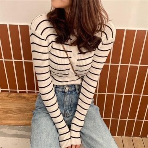 Spring Autumn Casual Sweater Women O-neck Long Sleeve Vintage Stripe Pullover Tops Woman Korean Knitted Sweater Fall