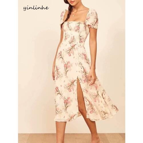 Yinlinhe Floral Print White Pink Dress Women square Neck Long dress Summer elastic Waist Slim Party Dresses French Style 1941