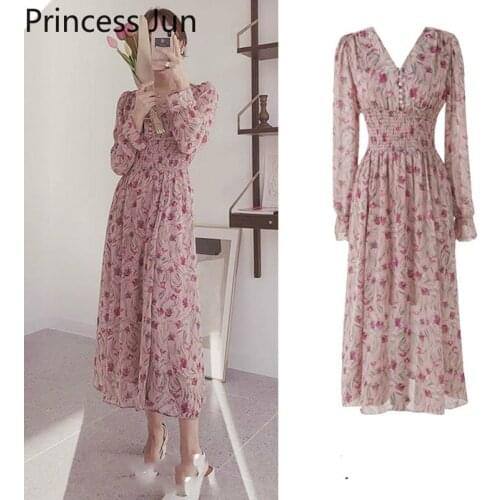 Women Prairie Pink Floral Print Chiffon Dress New Fashion Long Sleeve V Neck Slim Waist Bottoming Dress Retro A Line Midi Dress