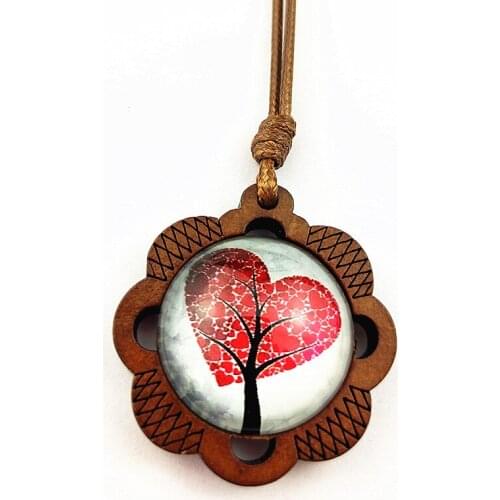 1pcs Red love necklace with tree of life glass Cabochon Hollow flower shaped brown wooden pendant women retro style necklace