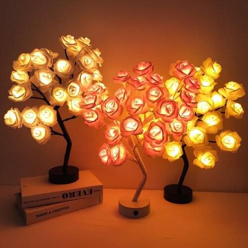 1Pc Rose Tree LED Table Lamp Natural Garden USB Night Light Christmas Gifts For Birthday Wedding Xmas Home Party Bedroom Decor