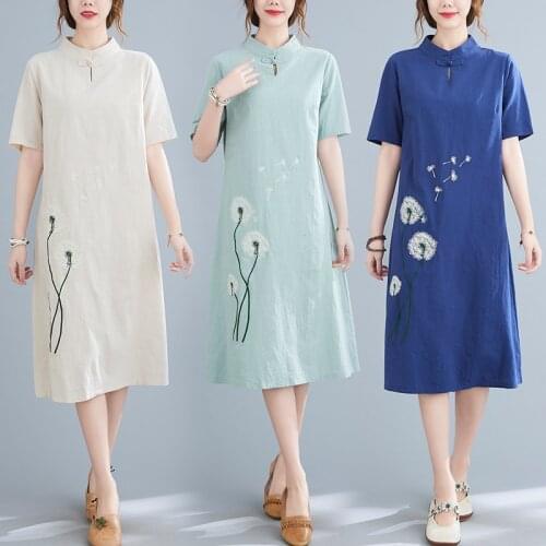 2021 chinese elegant dress multicolor party dance costumes cotton and linen qipao embroidery design stand-up collar dress