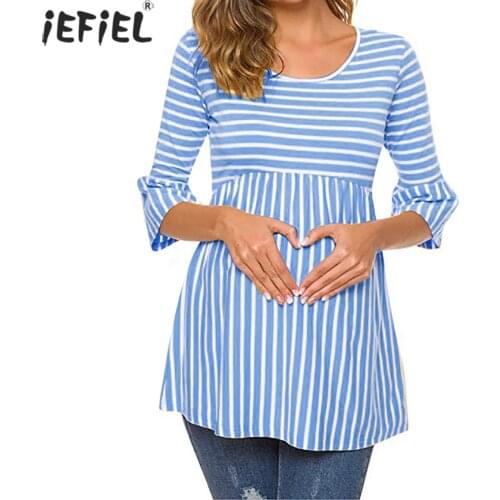 2021 New Pregnant Women Loose Style O-neck Pregnancy Striped T-shirt Plus Size Maternity Casual Flare Sleeve Tops