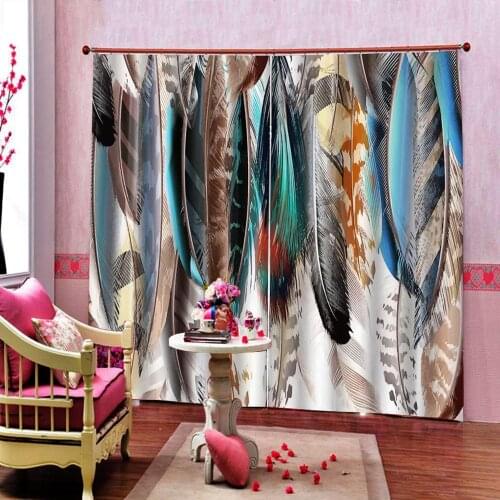 3D Curtain Luxury Blackout Window Curtain Living Room Modern minimalistic hand drawn colored feathers