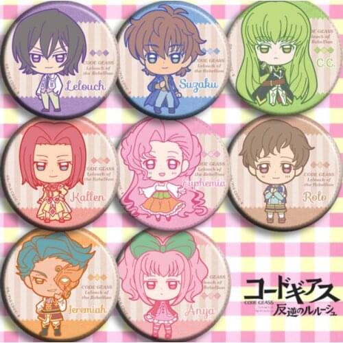 8pcs/1lot Anime Code Geass Lelouch Kallen Rolo Jeremiah Anya Figure 4780 Badges Round Brooch Pin Gifts Kids Toy