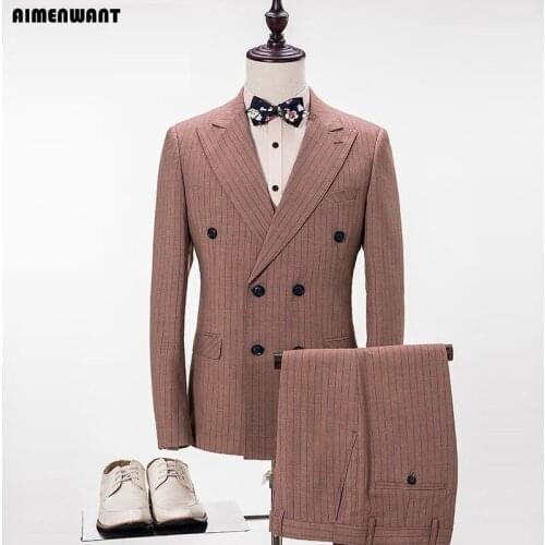AIMENWANT NEW Custom Mens Suit Slim Fit Double Breasted Brown Prom Suit Blazer Fashion Man Dinner Party Dress Suits 3pcs