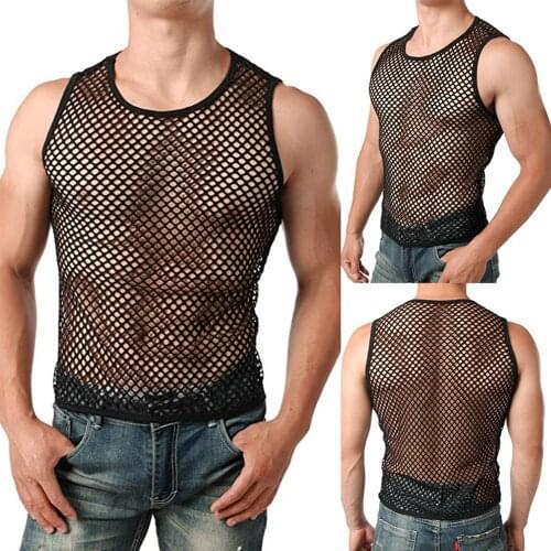 Hollow Out Grid Perspective Vest Men Sexy Male Personalized Close-fitting Tank Top Translucence Breathable Sleeveless Shirt