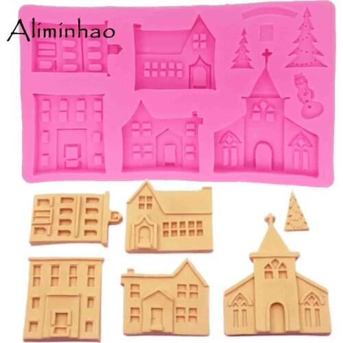 B1378 Castle house cake mould DIY Christmas tree window Silicone Mold 3D crafts Candy Chocolate Fondant Cake Decorating Tools