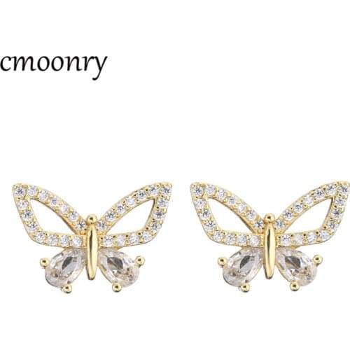 Cmoonry 2021 New Fashion Crystal CZ Wedding Earring Hot Sale Gold Color Butterfly Stud Earrings For Women Girl Birthday Gift