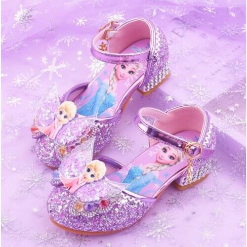 Disney Frozen Princess Girls Leather Sandals Glitter Casual High Heels Girls Bow Elsa Sandals Kids Party Princess Shoes