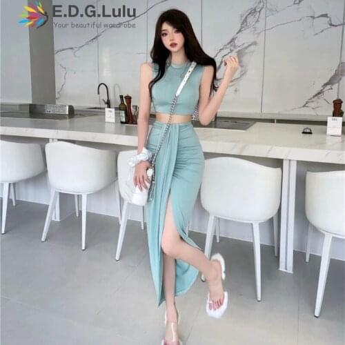 EDGLuLu O-neck Sleeveless Short Tops+hollow High Waist Ruched Split Midi Skirt Women Summer 2021 New Vacation Two Pieces Set0415