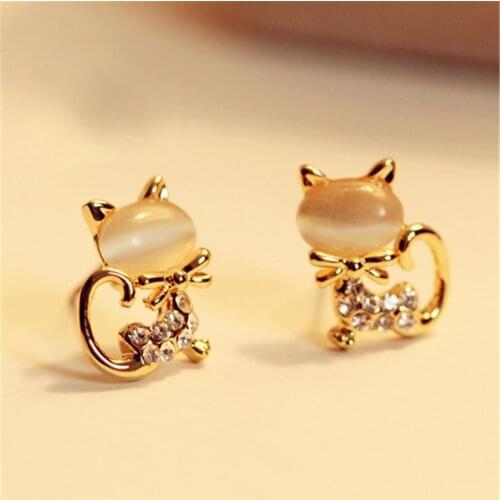 Elegant Jewelry Gold Color Cute Cat Eye Stone Stud Earrings For Women Brand Fashion Ear Cuff Piercing Crystal Earring Gift A195