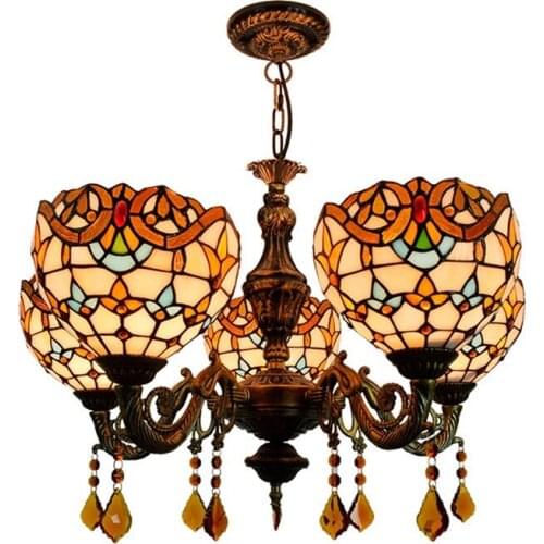 European Retro Creative Tiffany Stained Glass Living Room Dining Room Bedroom Bar Crystal Baroque 5 Head Chandelier Lamps E27