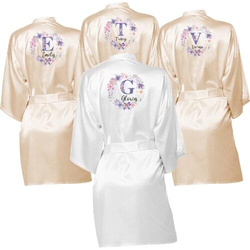26 Letters Custom Name Flower Print Kimono Robe Bathrobe Women Silk Satin Wedding Robe Bridesmaid Robes