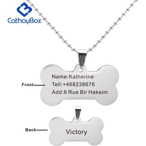 Name Text Personalized Silver Color Stainless Steel Bone Shaped Name Pet ID Tag Dog Cat Pendant Necklace 60cm Long 02