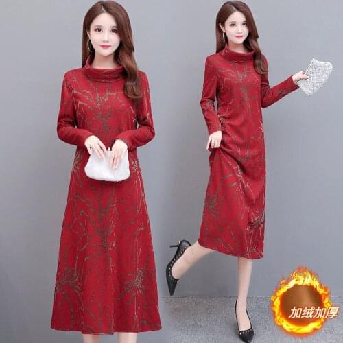 Splicing Thick Winter Dress Ladies Style Stitching Printed Bottom Skirt Long Sleeve Western Style Thin Loose All-match Skirt