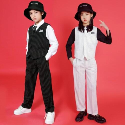 Kids Hip Hop Costume Boys Popping Suit Vest Pants Black/White Street Dance Clothing For Girls Jazz Performance Stage Wear BL5851