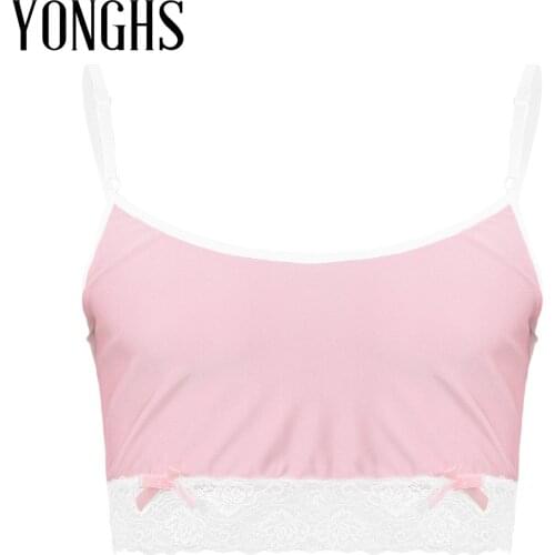 Mens Lingerie Sissy Crop Top Silky Adjustable Spaghetti Straps Lace Hemline Camisole Vest Crop Tops Nightwear Hot Sexy Sleepwear