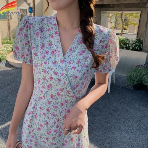Summer Dress 2021 Fashion Women Short Pull Sleeve Purple Yellow Floral Chiffon Dress Korean Style V Neck Casual Womens Dresses