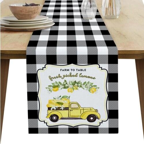 Summer Lemon Truck Black White Plaid Table Runner Modern Party Dining Table Runner Wedding Table Decor Tablecloth and Placemats